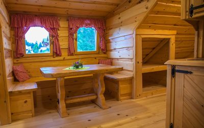 The interior of a log cabin accommodation at Lake Bloke, Nova Vas, Slovenia
