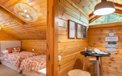 Small stylish kitchen and cozy bedroom in wooden house. Village life concept